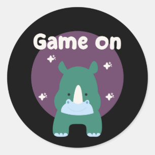 Adesivo Redondo Jogo com rinoceronte engraçado Kawaii em azul
