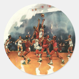 Adesivo Redondo Jogo de Basquete Esportivo Vintage, Jogadores de B