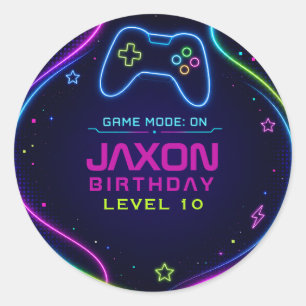 Adesivo Redondo Jogo Neon Gamer Nível Acima Aniversário