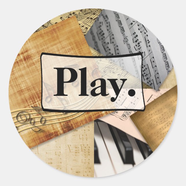 Adesivo Redondo Jogue. Folhas Musicais Notas Vintage Piano (Frente)