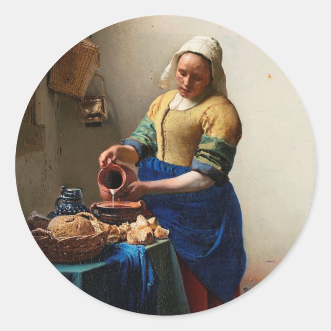 Adesivo Redondo Johannes Vermeer. Milkmaid. Vintage belas artes (Frente)