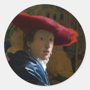 Adesivo Redondo Johannes Vermeer - Rapariga com Chapéu Vermelho