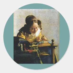Adesivo Redondo Johannes Vermeer's The Lacemaker (cerca de 1670)