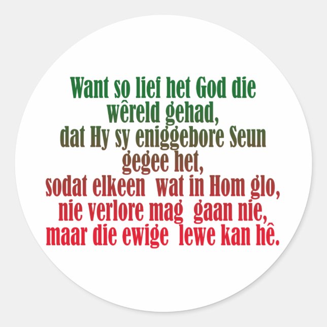 Adesivo Redondo John 3:16 Afrikaans (Frente)