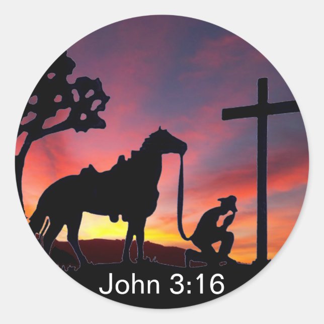 Adesivo Redondo John 3:16 Cowboy no Cross Christian Sticker (Frente)
