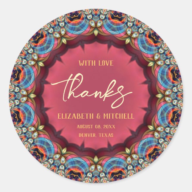 Adesivo Redondo Jóia Azul Laranja Fractal Renda Obrigado (Frente)