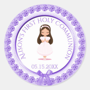 Adesivo Redondo Jóias do roxo do comunhão santamente da menina