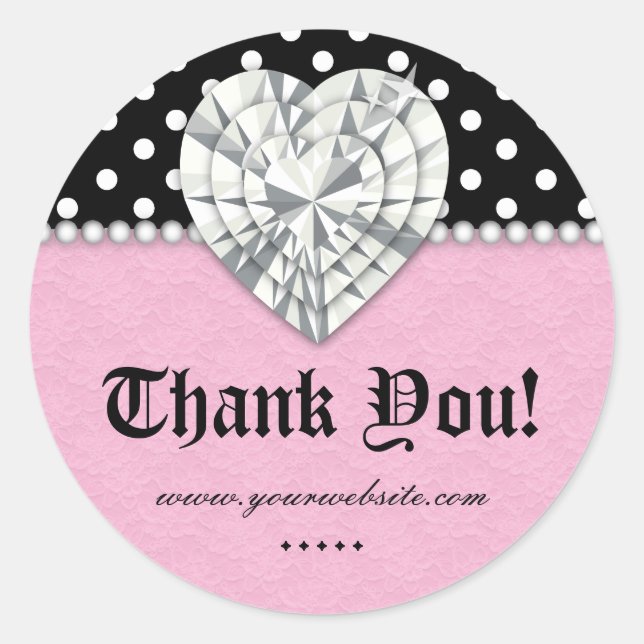 Adesivo Redondo Joias Dots Pearl Lace Coração Rosa Obrigado (Frente)