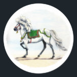 Adesivo Redondo Jol Christmas Horse Islandês<br><div class="desc">Pintura que fiz da minha linda Mare Freydis islandesa com mudança de cor e tema de feriado.</div>