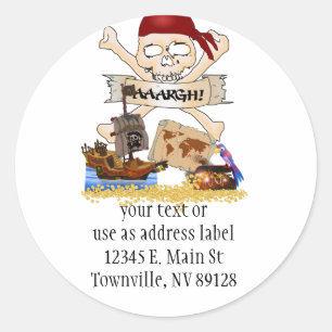 Adesivo Redondo Jolly Roger, navio pirata e baú pirata