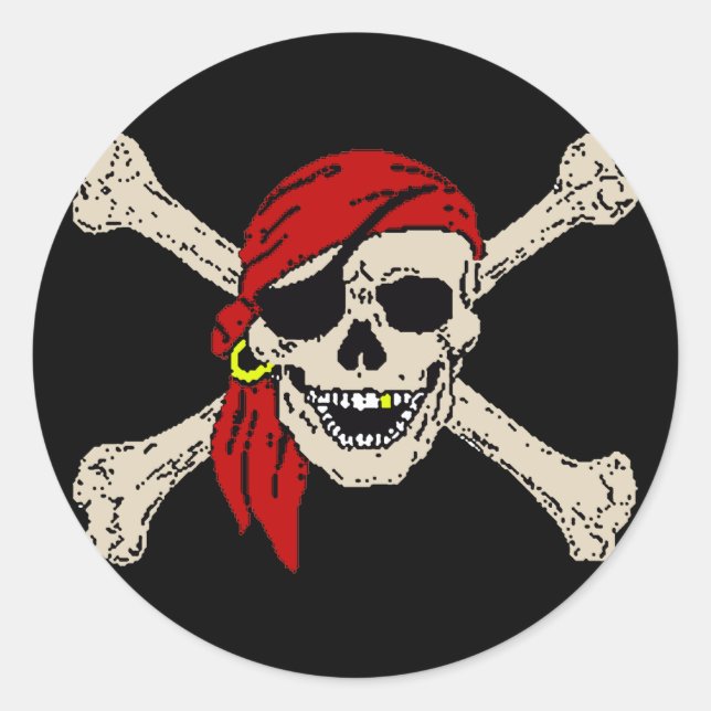 Adesivo Redondo Jolly Roger Pirate Skull Bones Red Bandanna