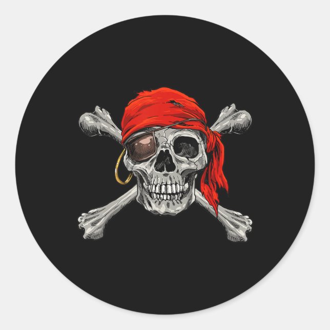 Adesivo Redondo Jolly Roger Pirate Skull Crossbones Halloween (Frente)