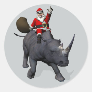 Adesivo Redondo Jolly Santa Claus Andando Por Um Rino