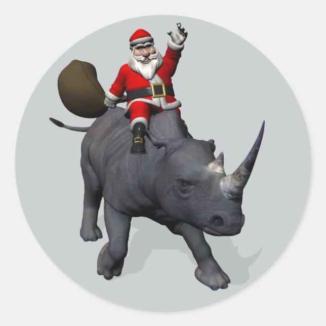 Adesivo Redondo Jolly Santa Claus Andando Um Rhino (Frente)