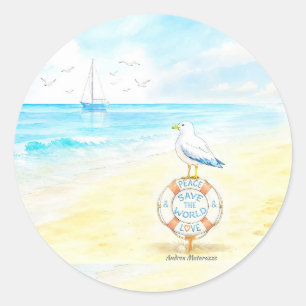 Adesivo Redondo Jon Seagull - Paz & Amor Salvam o Mundo