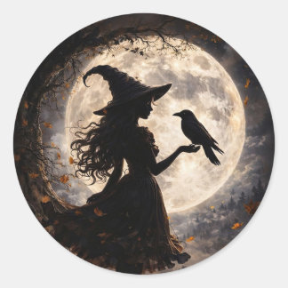 Adesivo Redondo Jovem Bruxinha e Corvo Halloween Fofo