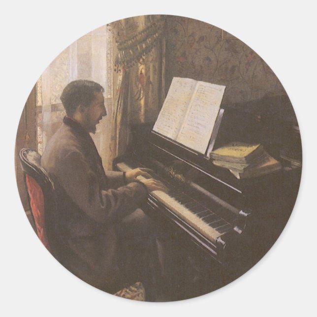 Adesivo Redondo Jovem Tocando Piano por Gustave Caillebotte (Frente)