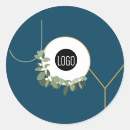 Adesivo Redondo Joy Blue Christmas Modern wreath Logo personalizad