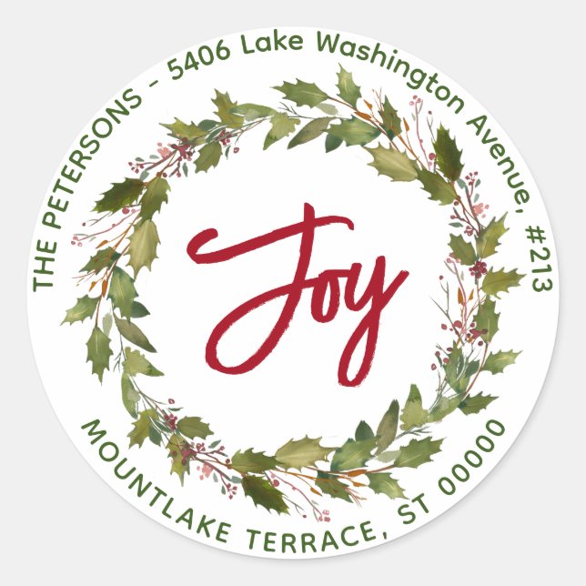 Adesivo Redondo Joy Christmas Wreath Holly Berries Endereço de Dev (Frente)