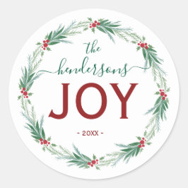 Adesivo Redondo Joy Christmas Wreath Name Handwritten Script