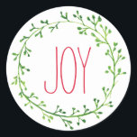 Adesivo Redondo Joy Christmas Wreath Typoographic Cotes Stickers<br><div class="desc">Etiquetas de Natal simples e bonito com uma coroa verde e a palavra Joy em uma elegante letra vermelha.</div>