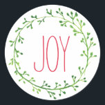 Adesivo Redondo Joy Christmas Wreath Typoographic Cotes Stickers<br><div class="desc">Etiquetas de Natal simples e bonito com uma coroa verde e a palavra Joy em uma elegante letra vermelha.</div>