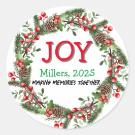 Adesivo Redondo Joy Felry Christmas Wreath Family Name Red Xmas