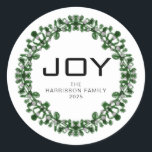 Adesivo Redondo Joy Floral Christmas Wreath Family Name Classic<br><div class="desc">Joy Floral Christmas Wreath Family Name Classic</div>