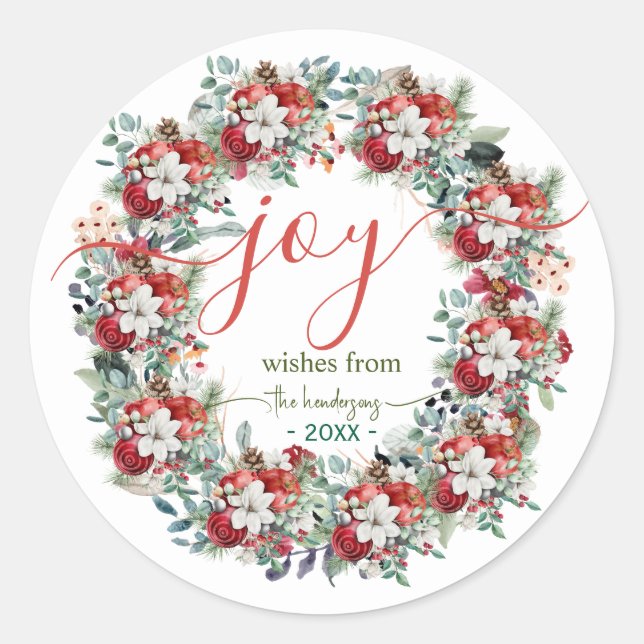 Adesivo Redondo Joy Handwritten Script Christmas Wreath Name Red (Frente)