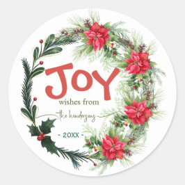 Adesivo Redondo Joy Handwritten Script Name Christmas Wreath Red