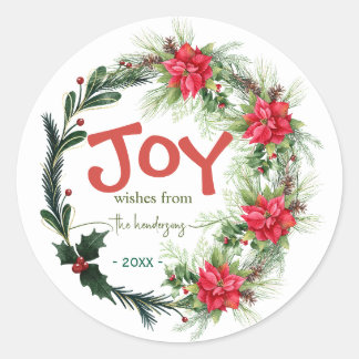 Adesivo Redondo Joy Handwritten Script Name Christmas Wreath Red