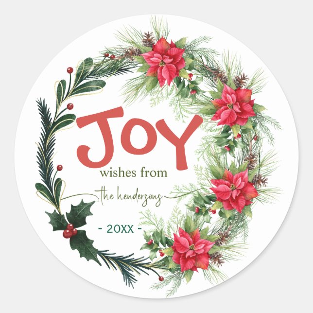 Adesivo Redondo Joy Handwritten Script Name Christmas Wreath  Red  (Frente)