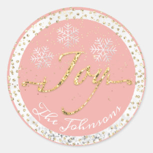 Adesivo Redondo Joy Holidays Name Snowflakes Glitter Dourado Peach