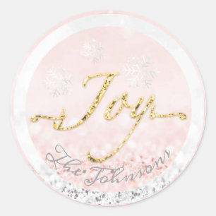 Adesivo Redondo Joy Holidays Name Snowflakes Rosa Dourado Glitter