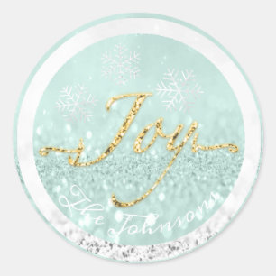 Adesivo Redondo Joy Holidays Nome Snowflakes Blue Dourado Mint Cin