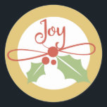Adesivo Redondo Joy Holly Dourado e Red Christmas Stickers<br><div class="desc">Vinhetas de Natal com fundo de ouro,  circulares brancas com um timbre de sprim com bagas vermelhas e fita e texto vermelho que lê Joy! Também temos cartões com fotos de férias,  etiquetas de endereço e selos de correio!</div>