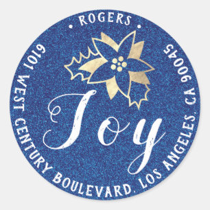 Adesivo Redondo Joy Holly Holiday Return Address Blue RSVP Dourado