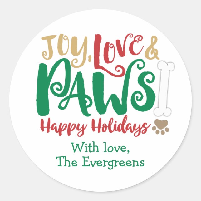 Adesivo Redondo Joy Love PAWS Dog Happy Holidays (Frente)