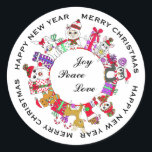 Adesivo Redondo Joy, Peace, Love Little Christmas<br><div class="desc">Bela mão desenhada, criaturas e animais brancos de férias cercados por presentes e doces de férias, adesivos de Natal Peace, Joy and Love. Lamas, renas, coelhos coelhos, homens de neve e pinguim.</div>