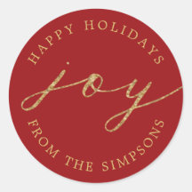 Joy Personalized Red Holiday Classk Round Sticker