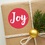 Adesivo Redondo Joy Red Brushed Script Holiday<br><div class="desc">Holiday stickers feature white brushed script "Joy" text with a festive red background (can be customized).</div>