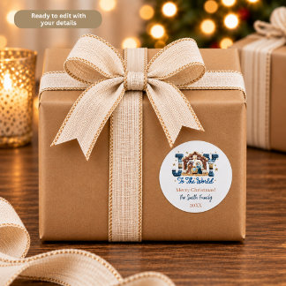 Adesivo Redondo Joy to the World Blue Nativity Scene Personalized