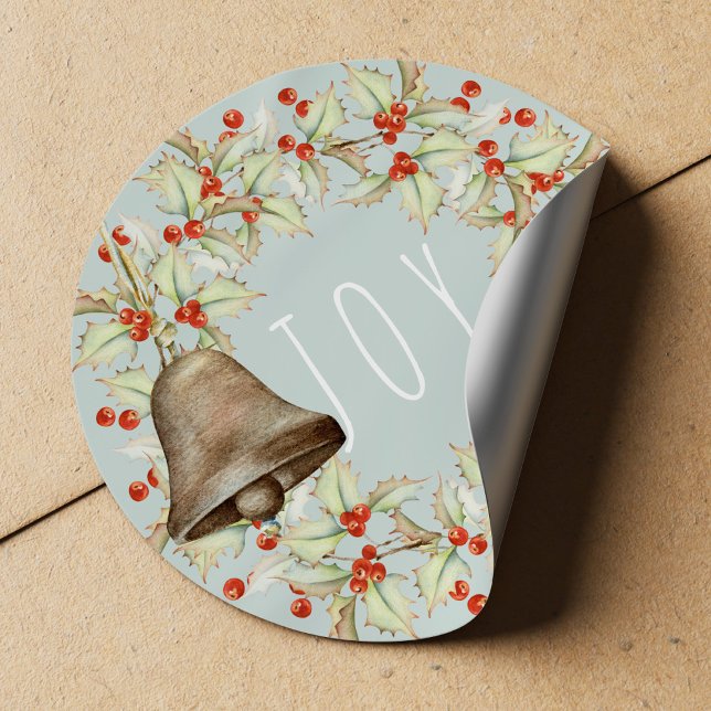 Adesivo Redondo JOY Typografia Holly Berries Wreath Blue Christmas (Criador carregado)