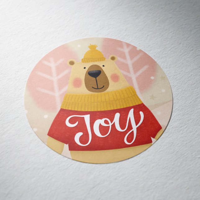 Adesivo Redondo Joy Woodland Winter Bear | Feriado de Natal bonito (Criador carregado)