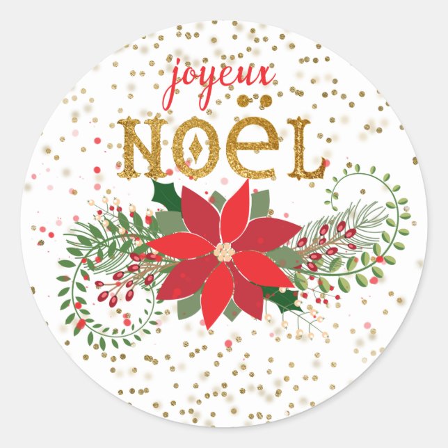 Adesivo Redondo Joyeux Noel Dourado Glitter Poinsettia (Frente)