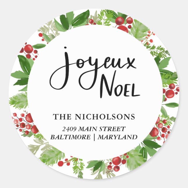 Adesivo Redondo Joyeux Noel Wreath Festivo Script | Comemorações (Frente)