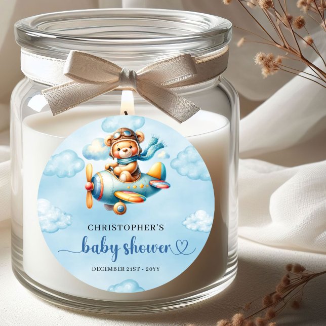 Adesivo Redondo Joyful Boy Shower Pilot Bear Blue Party Sticker (Joyful Boy Shower Pilot Bear Blue Party Sticker)