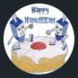 Adesivo Redondo Judaica Happy Hanukkah Dançando Dreidels Doughnut<br><div class="desc">Você está vendo The Lee Hiller Designs Collection of Home and Office Decor,  Roupa,  Gifts and Coleções. As Designs incluem Lee Hiller Photoographic e Mixed Media Digital Art Collection. Você pode ver sua fotografia da Nature em http://HikeOurPlanet.com/ e seguir seu blog de caminhada no Hot Primavera National Park.</div>