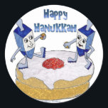Adesivo Redondo Judaica Happy Hanukkah Dançando Dreidels Doughnut<br><div class="desc">Você está vendo The Lee Hiller Designs Collection of Home and Office Decor,  Roupa,  Gifts and Coleções. As Designs incluem Lee Hiller Photoographic e Mixed Media Digital Art Collection. Você pode ver sua fotografia da Nature em http://HikeOurPlanet.com/ e seguir seu blog de caminhada no Hot Primavera National Park.</div>