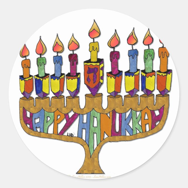 Adesivo Redondo Judaica Happy Hanukkah Dreidel Menorah (Frente)